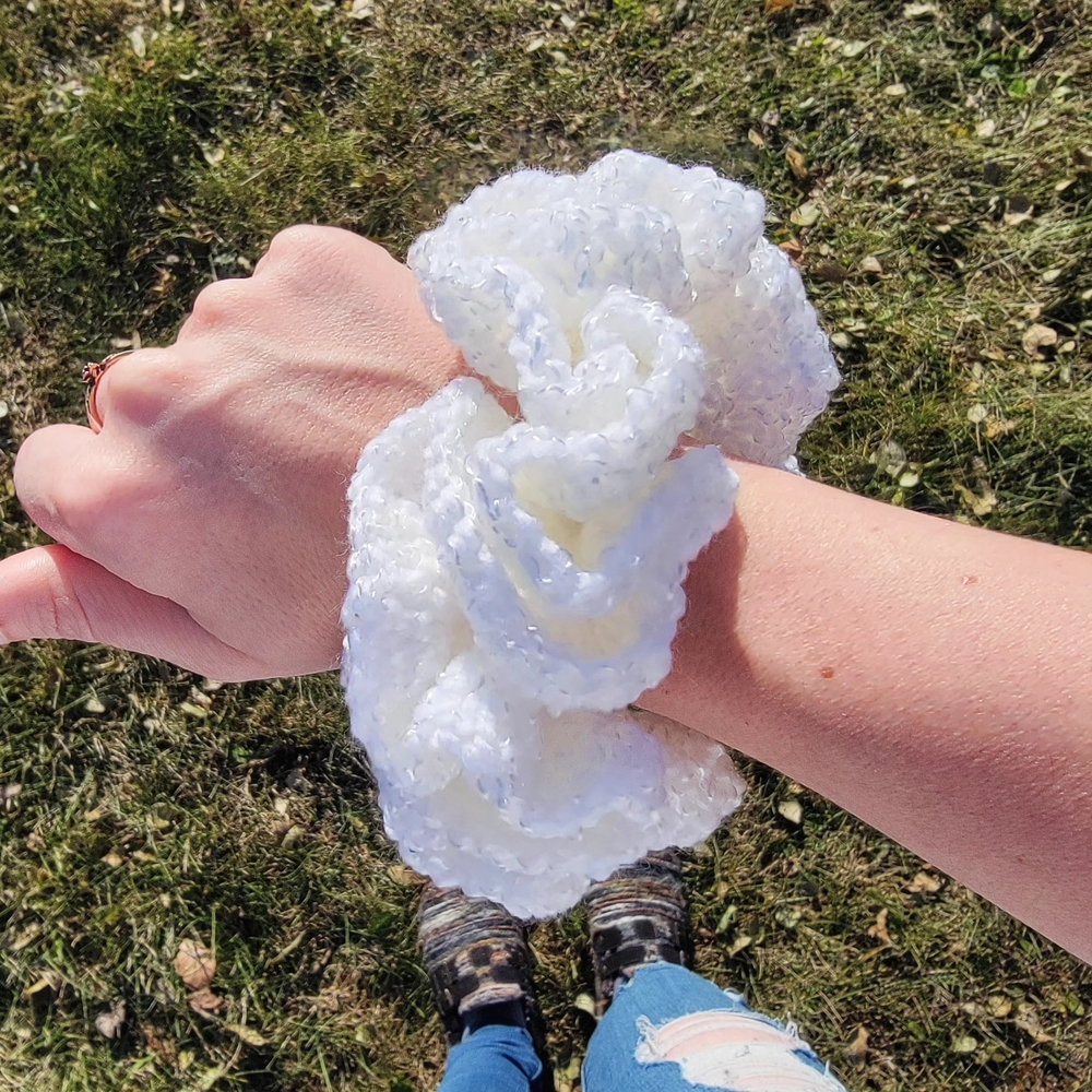 Handmade Jumbo 5" Ruffle Scrunchie | White | Sparkly Plush Hair Tie
